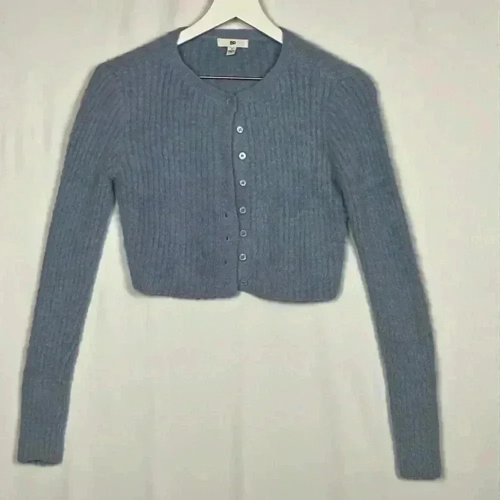 BP. Womens Sweater Baby Blue S Button-Up Crop Fuzzy Cardigan Cable Crew Soft EUC